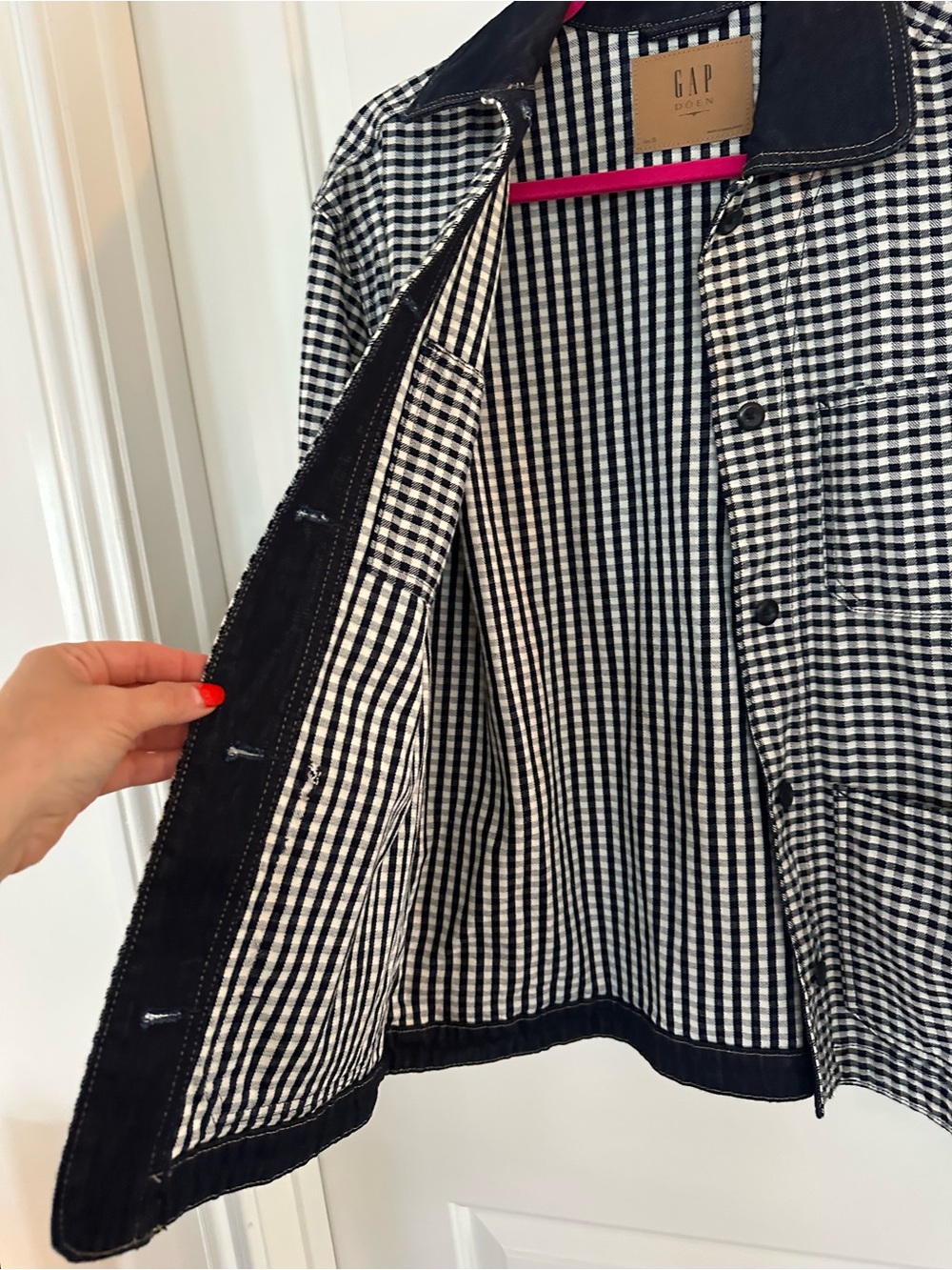 GAP × DÔEN Gingham Denim Chore Jacket Blue White Utility Barn Coat Size S - Picture 4 of 7
